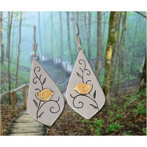 Boho Silver Dange Earrings Gold Bird Engraved Swirl Leaves